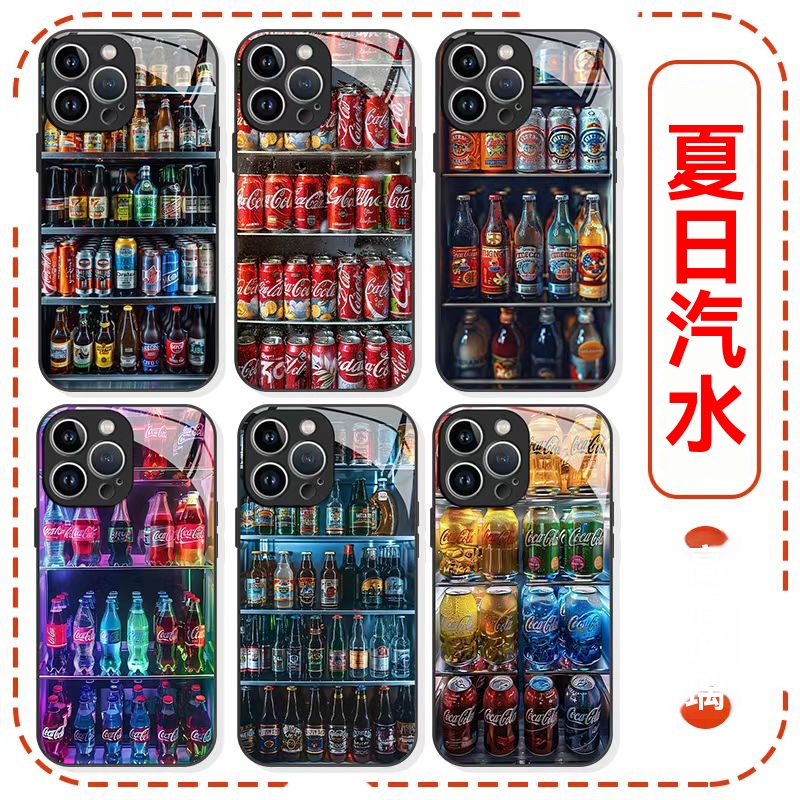 【1つ買うと1つ無料！限定オリジナル】iPhone フルレンジクリエイティブ 3D コーラ飲料ビール電話ケース 金属塗装ガラス 360° 飛散防止